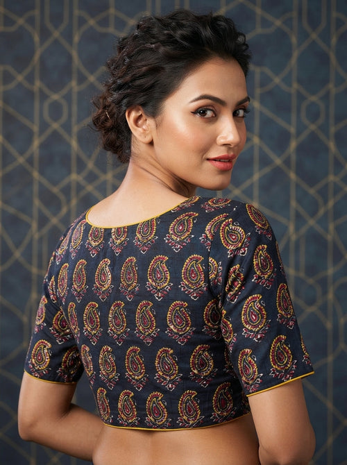Divine Desire Ajrakh Printed Kantha Embroidered Cotton Blouse
